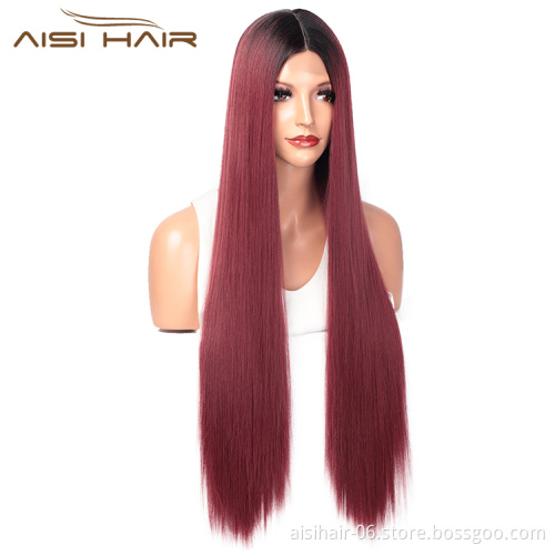 Aisi Hair Ombre Red Dark Root Wig Long Silky Straight Lace Frontal Wig Middle Part Synthetic Front Lace Hair Wigs For Women
